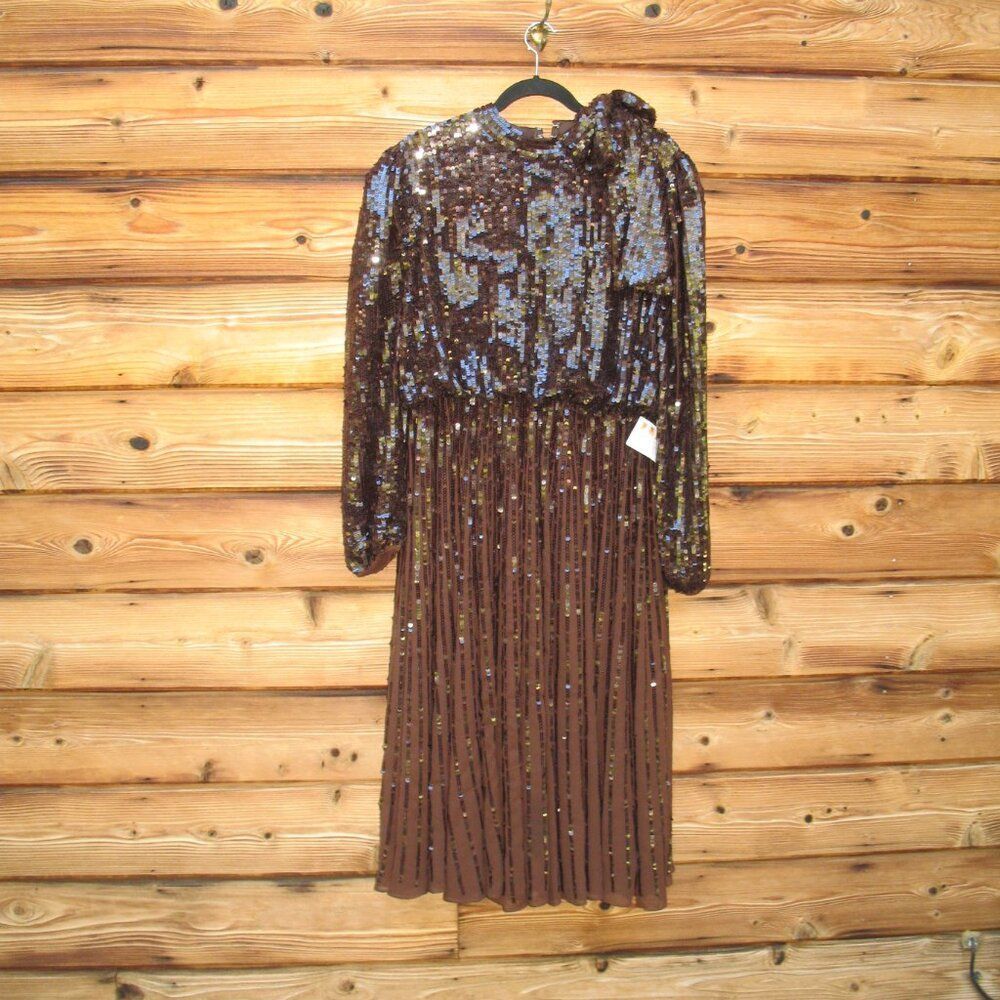NWT Mac Duggal LONG SLEEVE TEA LENGTH DRESS Brown Size 16 93642 - Picture 6 of 14